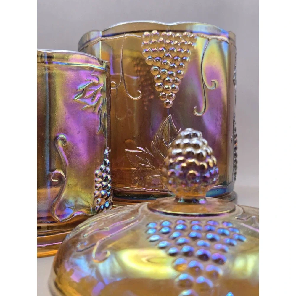 Vintage Carnival Glass Marigold Harvest Grape Canisters BX
